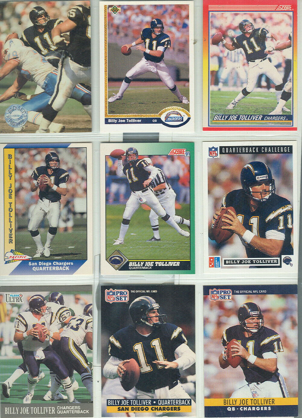BILLY JOE TOLLIVER  SAN DIEGO CHARGERS  NINE FOOTBALL CARDS ! - $1.99