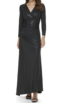 NWT DKNY Women&#39;s Black Side Ruched Glazed Jersey V-Neck Dress Size 4 - £58.53 GBP