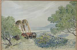 1941 Bob Crabb Texas Hill country Bluebonnet Landscape Watercolor - $427.93