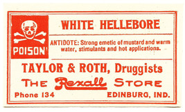 Antique Pharmacy Label WHITE HELLEBORE Taylor &amp; Roth Druggist Rexall Edinburg IN - £20.00 GBP