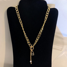 Golden Lock &amp; Key Pendant Necklace Thick Chain Links with Toggle Clasp - £11.79 GBP