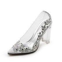 Silver Wedding Pumps Female Shoes Clear Sandals Bridal Shoes Chunky High Heels C - £55.75 GBP