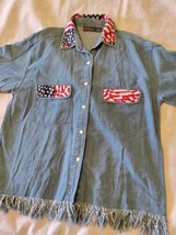 Vintage American Flag Denim Shirt Size Medium Fringe Trim Patriotic - $20.38