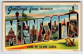 Greetings From Bemidji Minnesota Land Of 10000 Lakes Large Letter Postcard Linen - £55.83 GBP