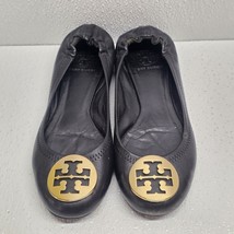 Tory Burch Reva Ballet Flats Size 7 Black Leather Gold Metallic Logo - $41.99