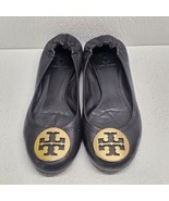Tory Burch Reva Ballet Flats Size 7 Black Leather Gold Metallic Logo - $57.43 CAD
