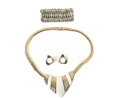 VTG Chain Necklace White Enamel + Earrings Cuff Stretchy Bracelet 1980s Jewelry - £11.80 GBP