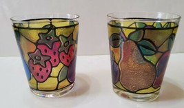 2 Rare Vintage Libbey Tiffany Style Fruit Stained Glass Large 3.5&quot; Tumbl... - $23.03