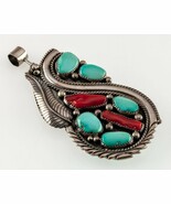 Rare! Navajo Sterling Turquoise &amp; Coral Double-sided pendant 93 mm Long - $2,473.52 CAD