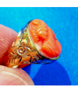Antique Deco Mediterranean Coral Ring Victorian Hand Engraved 10k Solid ... - $2,453.60 CAD
