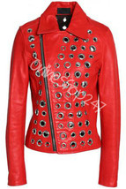 New Women Punk Rock Unique Full Eyelets Red Classic Design Biker Leather Jacket - £239.79 GBP