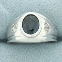 Mens Teal Sapphire and Old European Cut Diamond Ring in 14k White Gold - £2,033.64 GBP