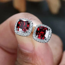 2.4Ct Cushion Cut Lab Created Garnet Diamond Stud Earrings 14K White Gold Plated - $104.34