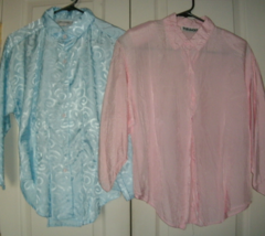 Lot of 2 womens rayon blouses sz M ladies shirts 1 pink 1 blue button up... - £5.09 GBP