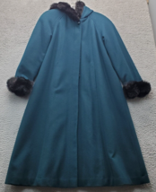 Vtg Braetan Kids Long Coat Girls 16 Teal Wool Faux Fur Trim Hooded Button Front - £34.61 GBP