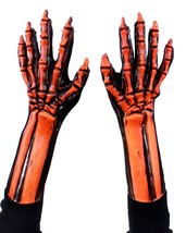 Skeleton Hands Gloves Orange Glow In The Dark Ghost UV Bones Latex Grim Reaper H - £41.69 GBP