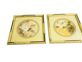 2 Vintage Asian Floral Prints Soft Yellow Mat Light Faux Bamboo Frames 11 in sqr - £120.32 GBP