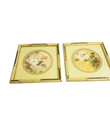 2 Vintage Asian Floral Prints Soft Yellow Mat Light Faux Bamboo Frames 1... - £117.41 GBP