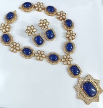 Indian Gold Plated CZ Bollywood Style Choke Kundan Blue Necklace Jewelry Set - £186.36 GBP