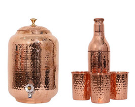 Handmade Hand Hammered Pure Copper Water Dispenser Pot 8Ltr Tank 3Glasss 1Bottle - £82.98 GBP