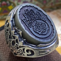 Huge 925 Sterling Silver Men&#39;s Ring islamic engraved hand natural jade Jadeite - £138.05 GBP