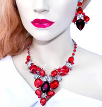 Rhinestone Crystal Choker, Necklace Earring Set, Pageant Prom Jewelry, Red Cryst - £47.13 GBP