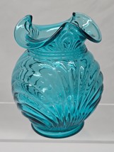 Vintage FENTON 4&quot; Flower Vase TEAL ROYALE - Ruffled Rim, Draped/Shell Pa... - $28.44