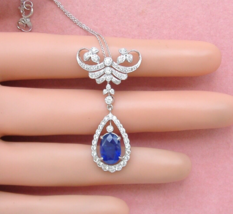 Antique Style 2.8ct Oval Sapphire 1.1ctw Diamond Cocktail Pendant Necklace Italy - £2,824.37 GBP