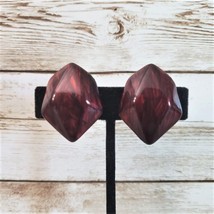 Vintage Clip On Earrings Dark Red Marbled Design Large Statement Earrings - $14.99