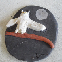 Unique Handmade Art Pottery Flat Paper Weight Owl on Branch - $18.81