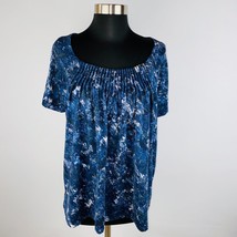 Daisy Fuentes Top Womens Blue Gray Black Abstract Pleated Neckline PL - $25.19