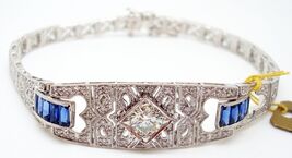 14k Gold Art Deco Style Genuine Natural Diamond and Sapphire Bracelet (#... - €4.098,13 EUR