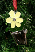 Silver Plated Jeweled Enamel Yellow Flower In Pot Christmas Tree Ornament - £8.69 GBP