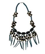 Boho Statement Necklace Wood Bead Fringe Bib Necklace Blue Black Gold To... - $22.50