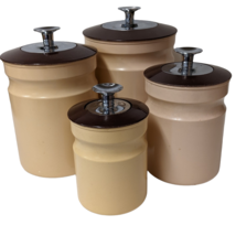 Kromex  Canister Set Of 4 Aluminum Brown And Tan With Plastic Lids Vintage - £11.28 GBP