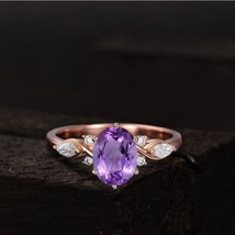 Natural Amethyst Engagement Ring, 14K Rose Gold Plated Oval Cut Ring For Woman - £82.75 GBP