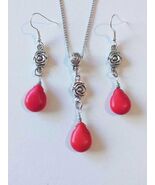 red Turquoise Silver jewelry set necklace earrings Victorian rose jewelr... - €45,13 EUR