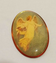 Guardian Angel  Oval Lapel Pin Gold Tone Vintage 1&quot; Lucite Covered Picture - £15.61 GBP