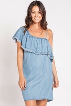 Velvet Heart Blue Chambray Dress One Shoulder Fringe Popover Mini SZ L New - $49.00