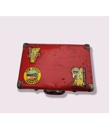 Vintage 40-50s Herculean Hard red tin Suitcase original Travel Badges/st... - £98.92 GBP