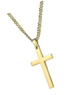 18K Gold Cuban link Chain Cross Flat Pendant Necklace Solid - £329.33 GBP