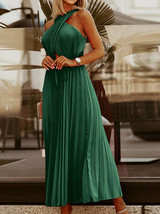 Solid Rib Pleated Long Party Dress Double Criss-cross Halter Hollow(D0102HGRXIV. - £43.83 GBP