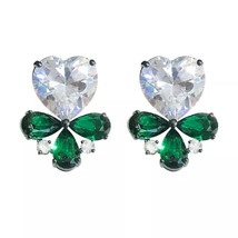 14K White Gold Plated 1.10Ct Heart Cut CZ Moissanite &amp; Emerald Stud Earrings - £118.67 GBP