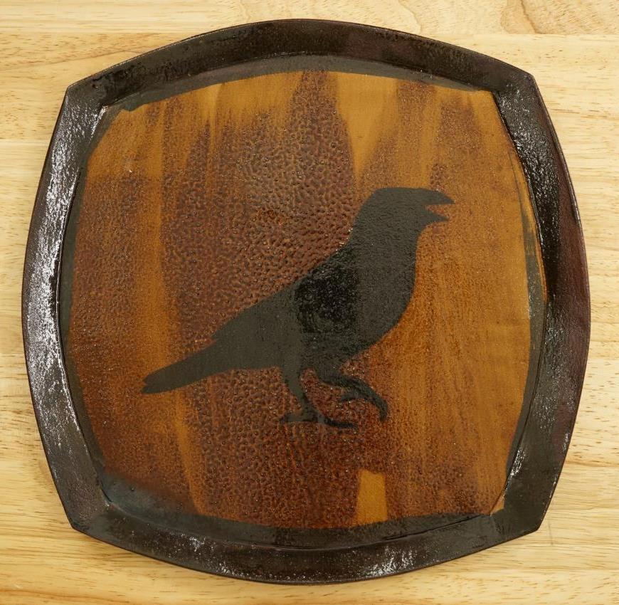 Primary image for Studio Art Pottery Blackbird Black Raven Crow Redware Plate Embossed Feathers