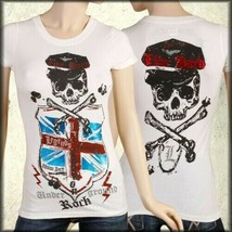 Motor City Legends Skull UK Flag Punk Rock Metal Biker Womens T-Shirt White - $26.19