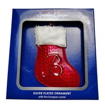 Silver Plated Stocking Ornament With Monogram Initial B Faux Fur Trimmed Accent - $6.76