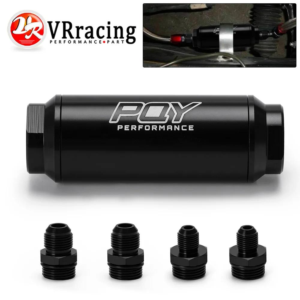 Vr universal car racing in line fuel oil filter with an6 an8 fittings adapter and 100 thumb200