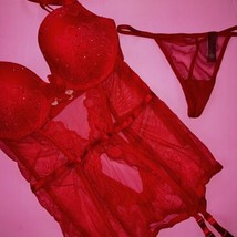 NWT Victoria&#39;s Secret 36C,36D garter CORSET SLIP bustier+THONG RED cryst... - £94.95 GBP