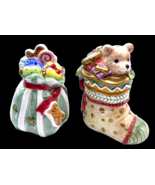 Fitz &amp; Floyd Salt &amp; Pepper Shakers Christmas Set Teddy Bear Stocking San... - $27.83