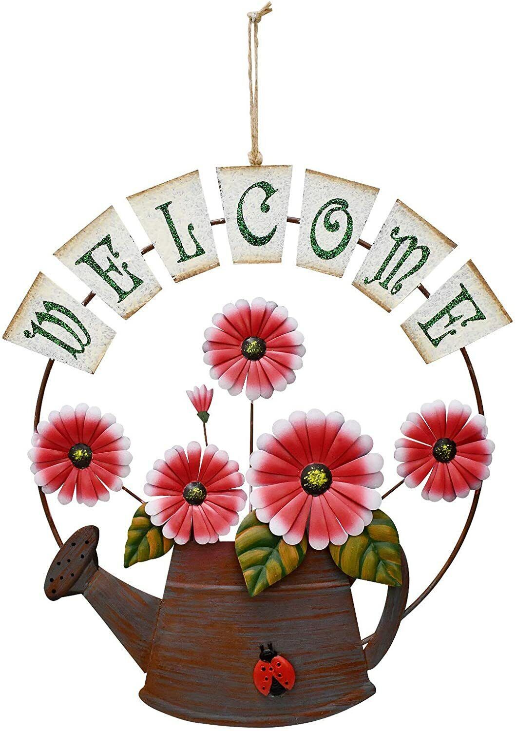 Vintage Metal Welcome Sign Hanging Flower Watering Can Design Front door sign - $24.30 - $28.04